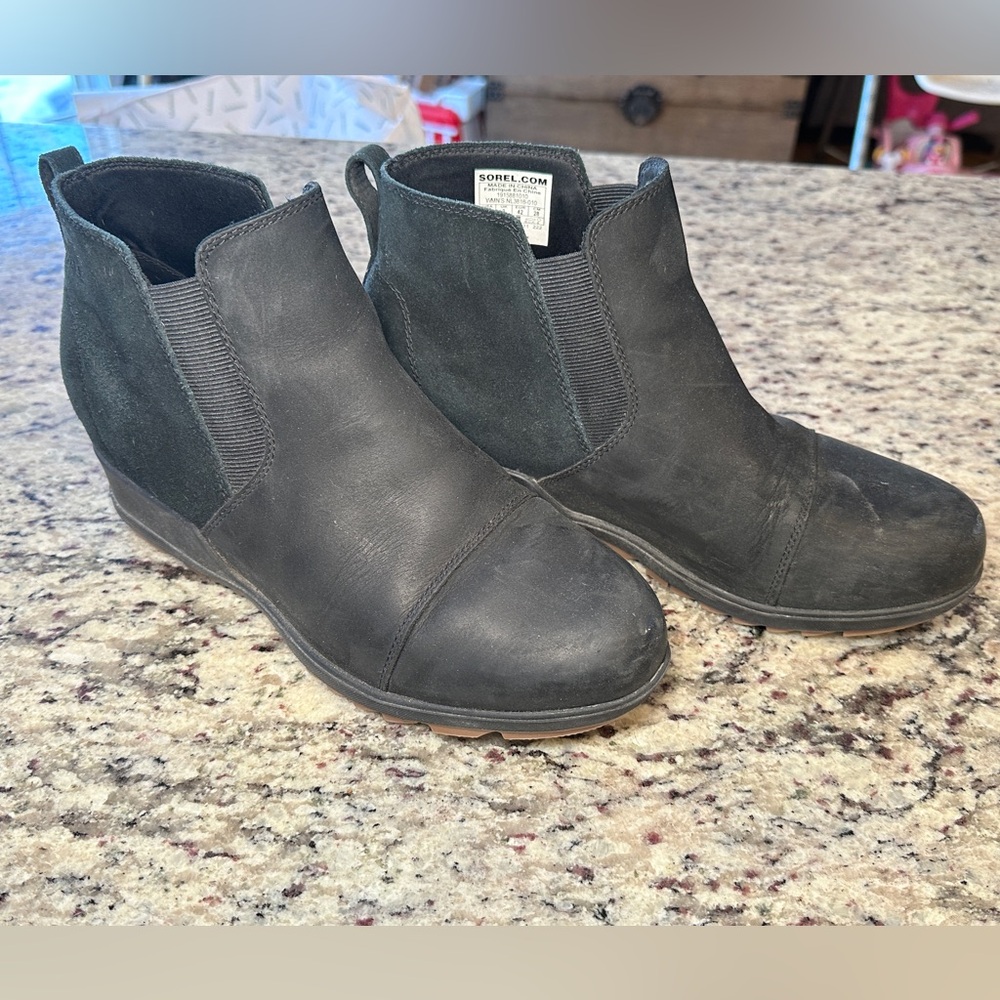 Sorel, Size 11, Black Evie Leather Wedge Ankle Boot